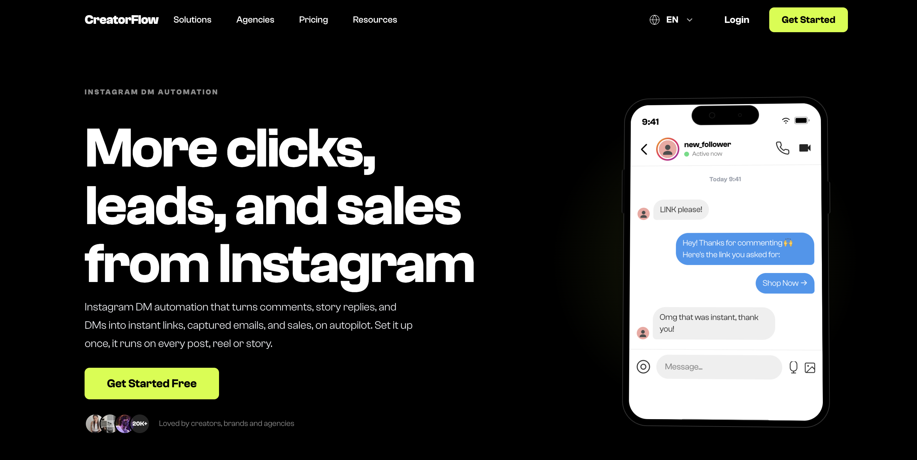 CreatorFlow website showing Instagram DM automation