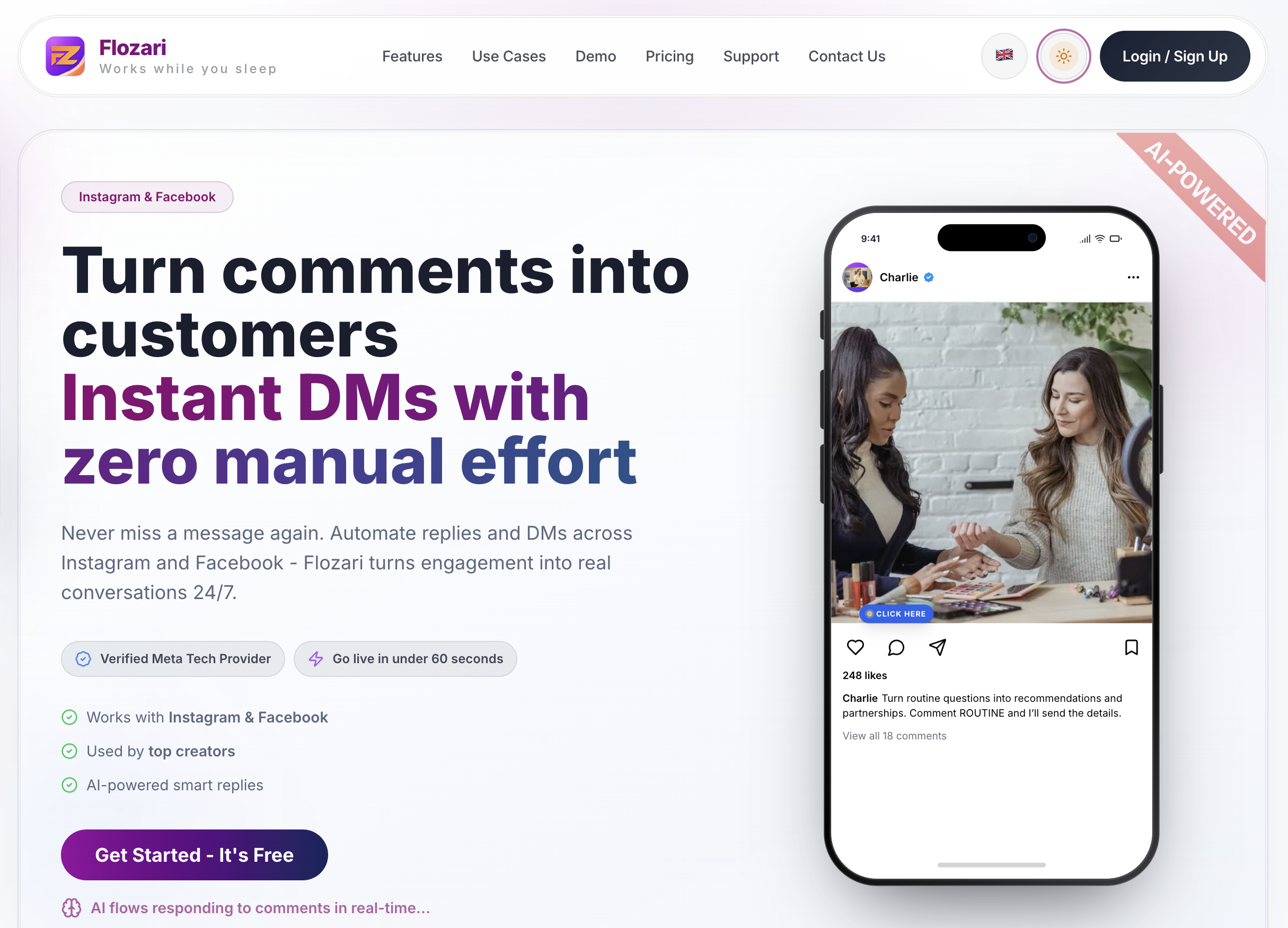 Flozari dashboard showing Instagram comment-to-DM automation