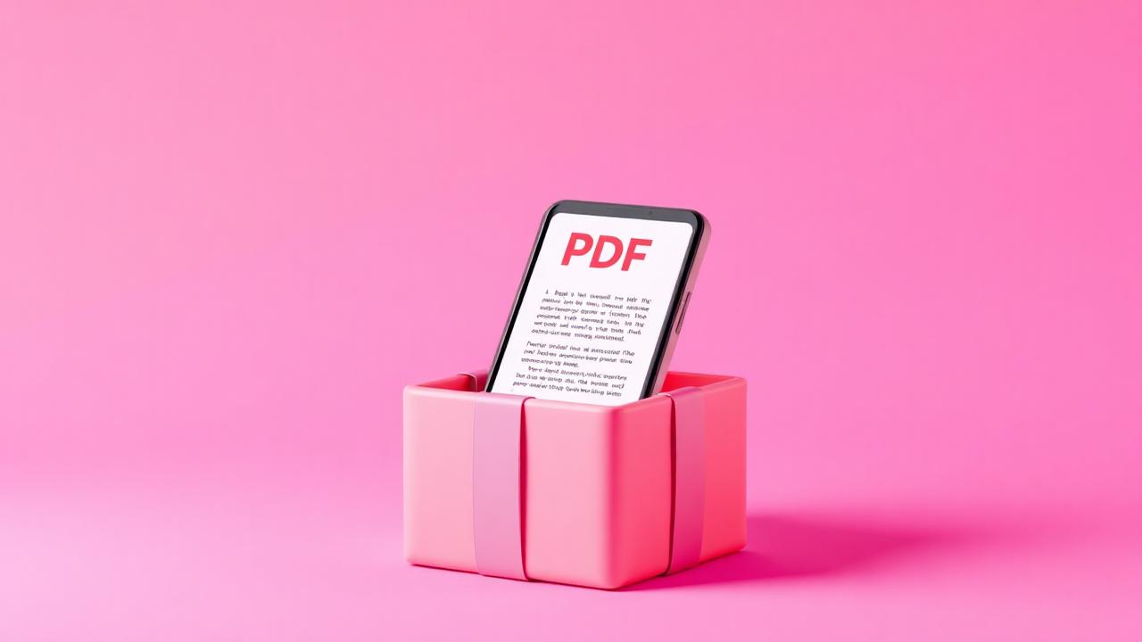 Phone with a PDF guide popping out of a wrapped gift box on pink background