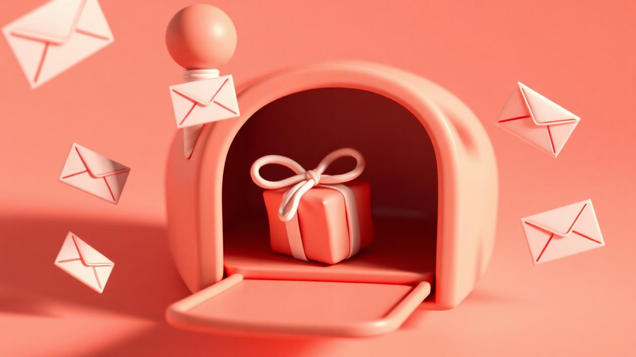 Open mailbox holding a gift box surrounded by floating envelopes