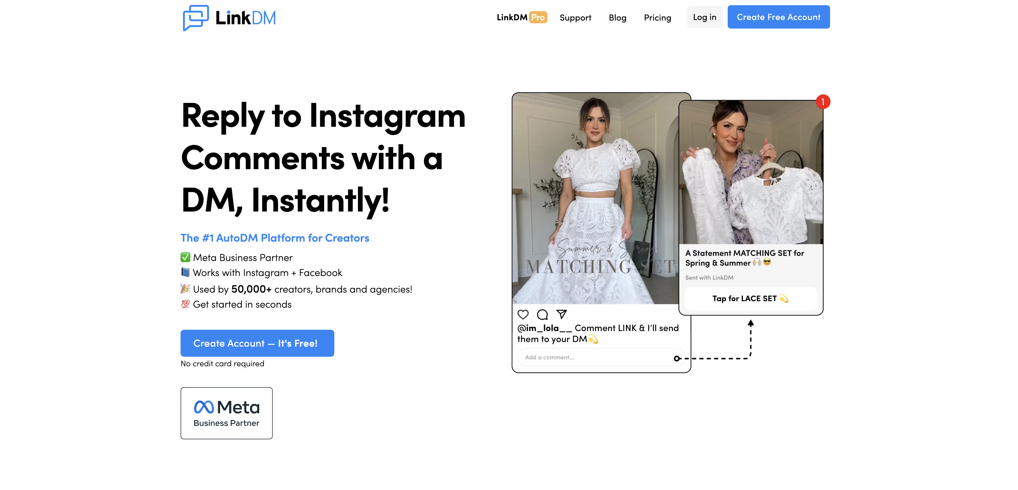 LinkDM website showing Instagram comment-to-DM automation
