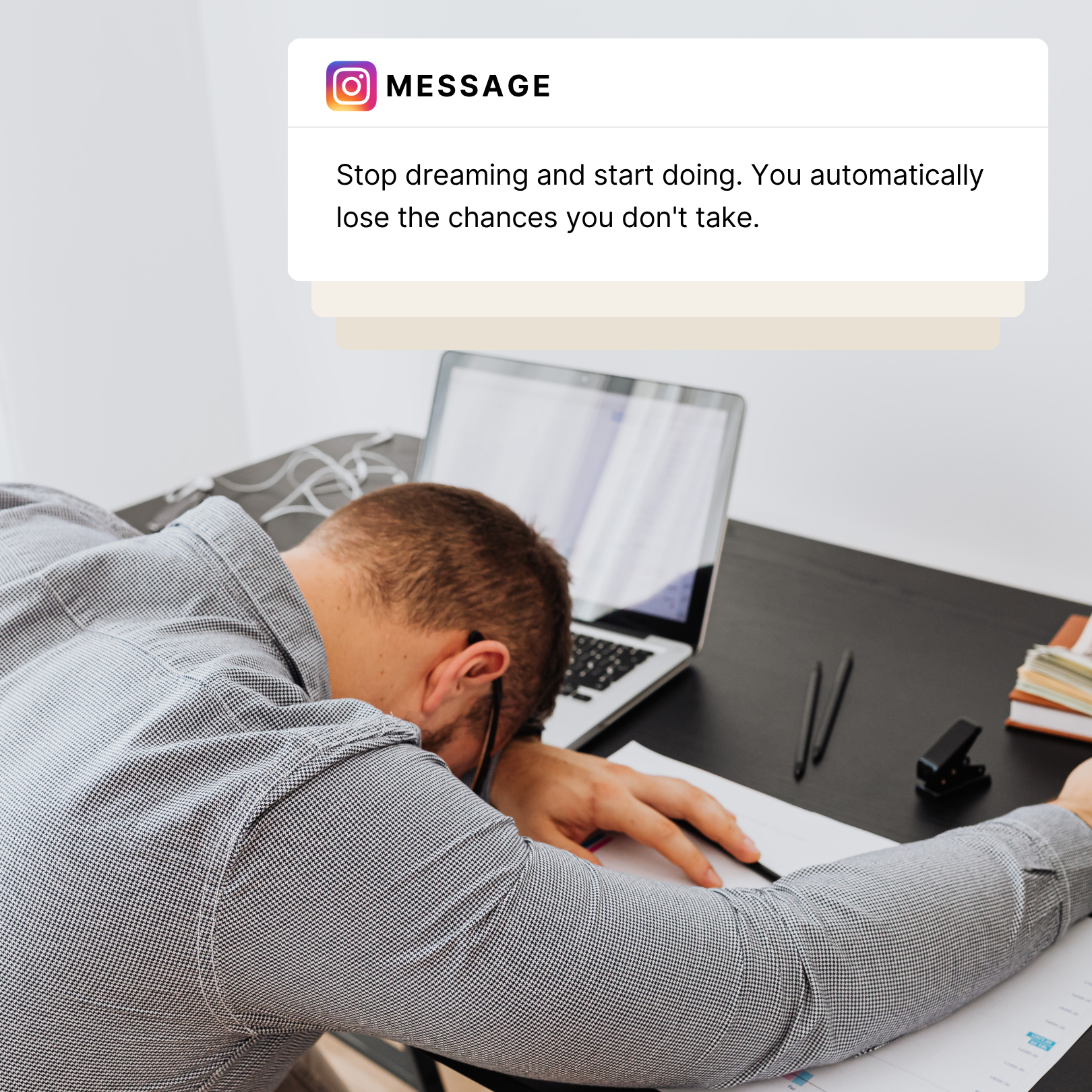 Overwhelmed person receiving an Instagram message while working at a desk