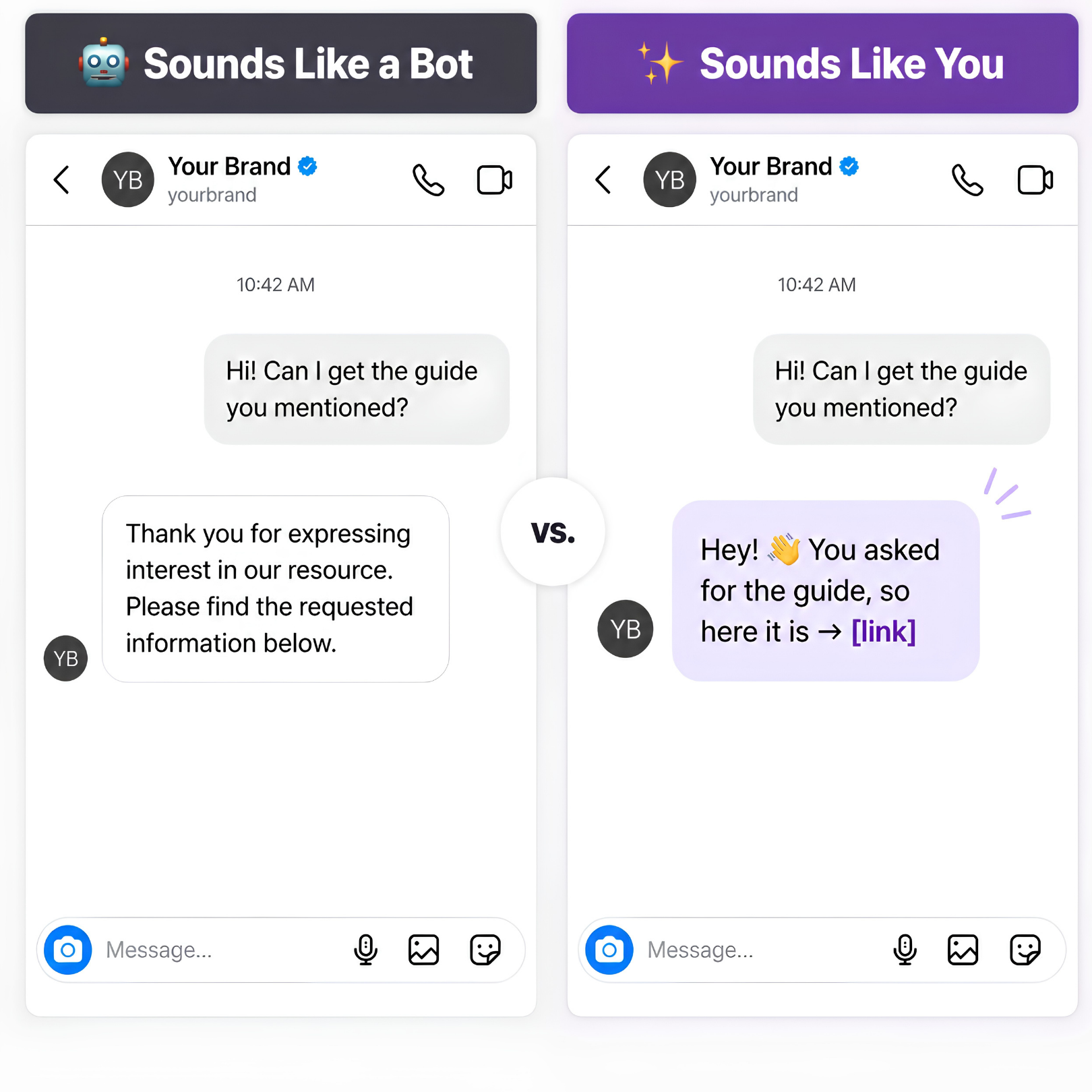 Comparison between a robotic Instagram DM and a natural creator-style reply