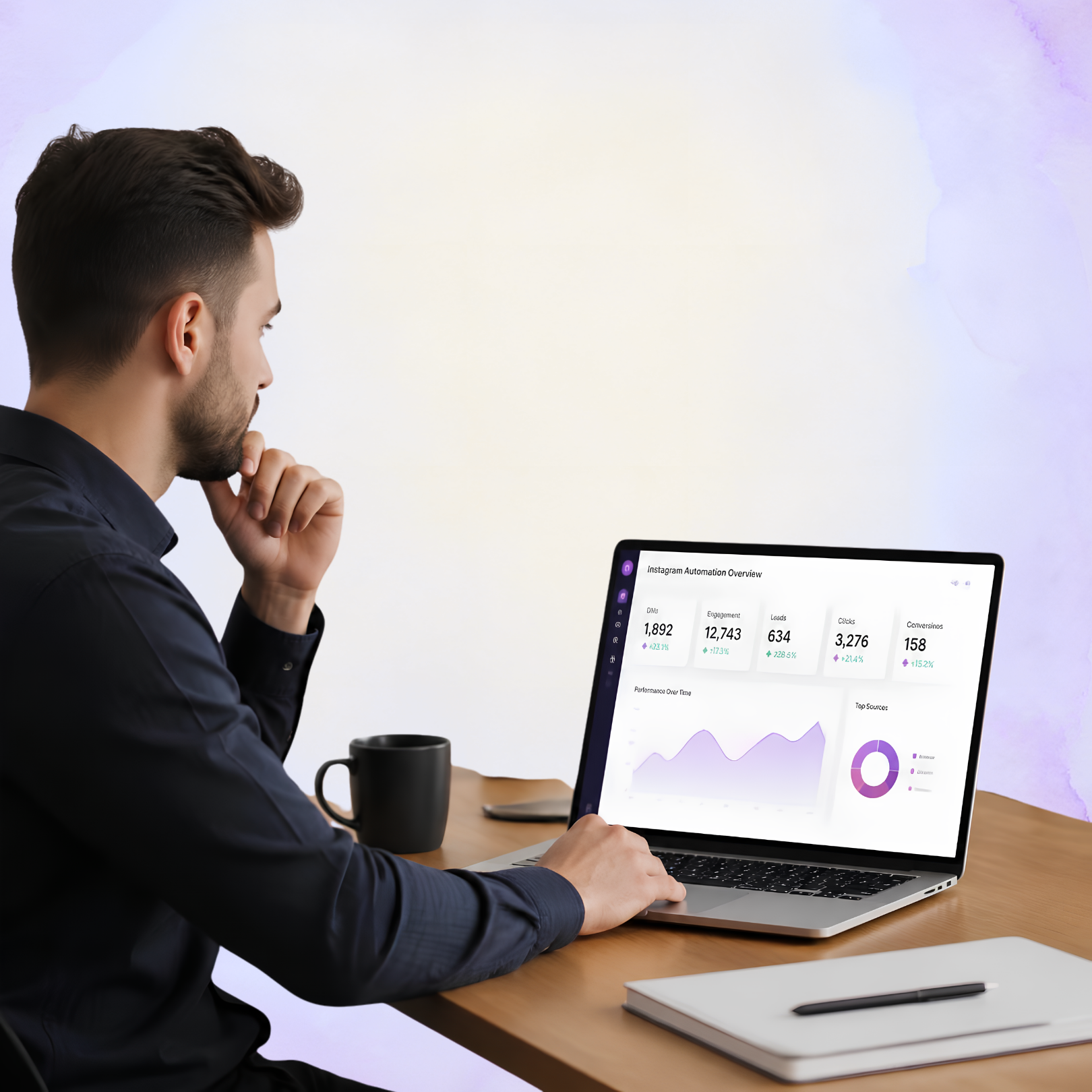 Business owner reviewing an Instagram automation analytics dashboard and its performance trends
