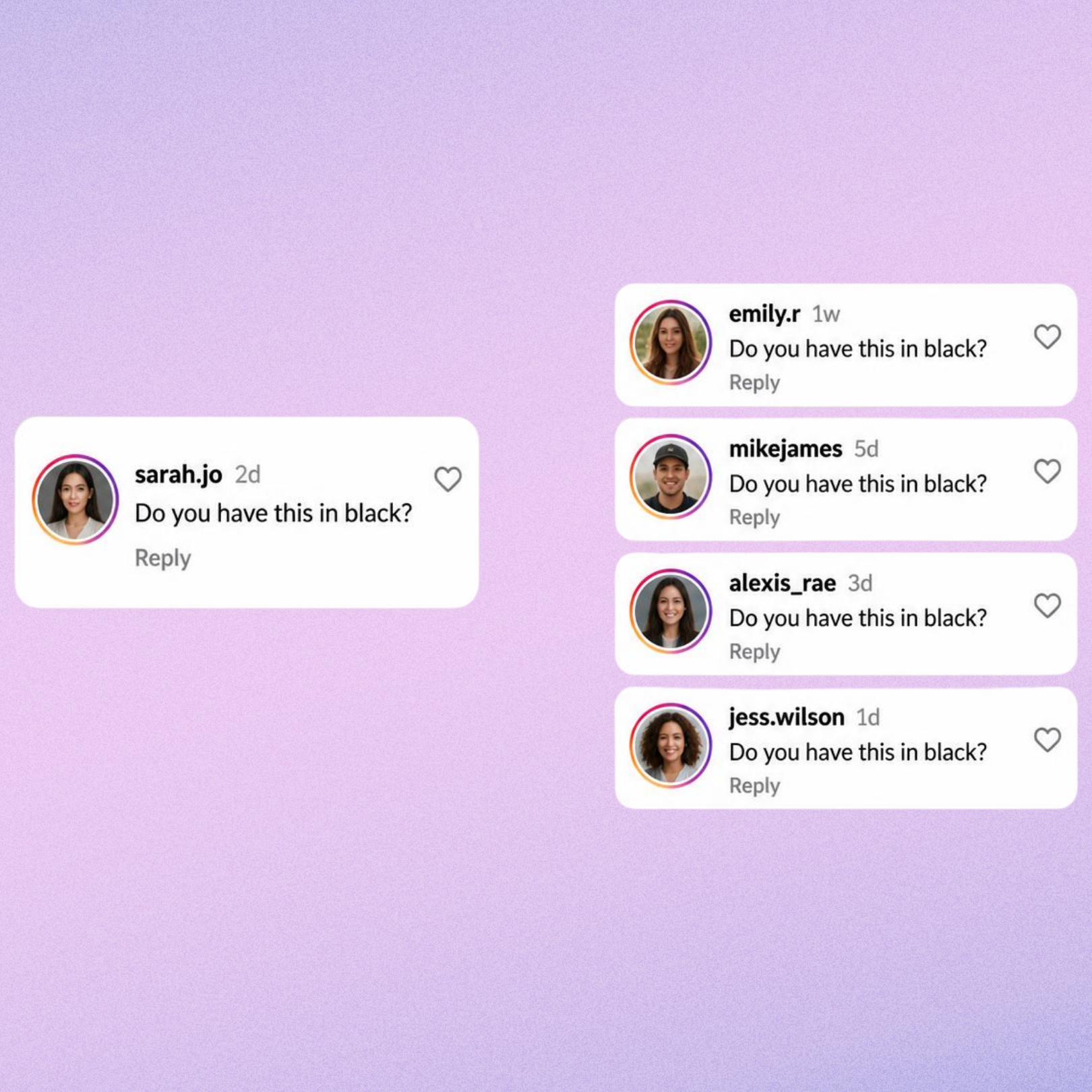 Repeated Instagram comments asking whether a product is available in black