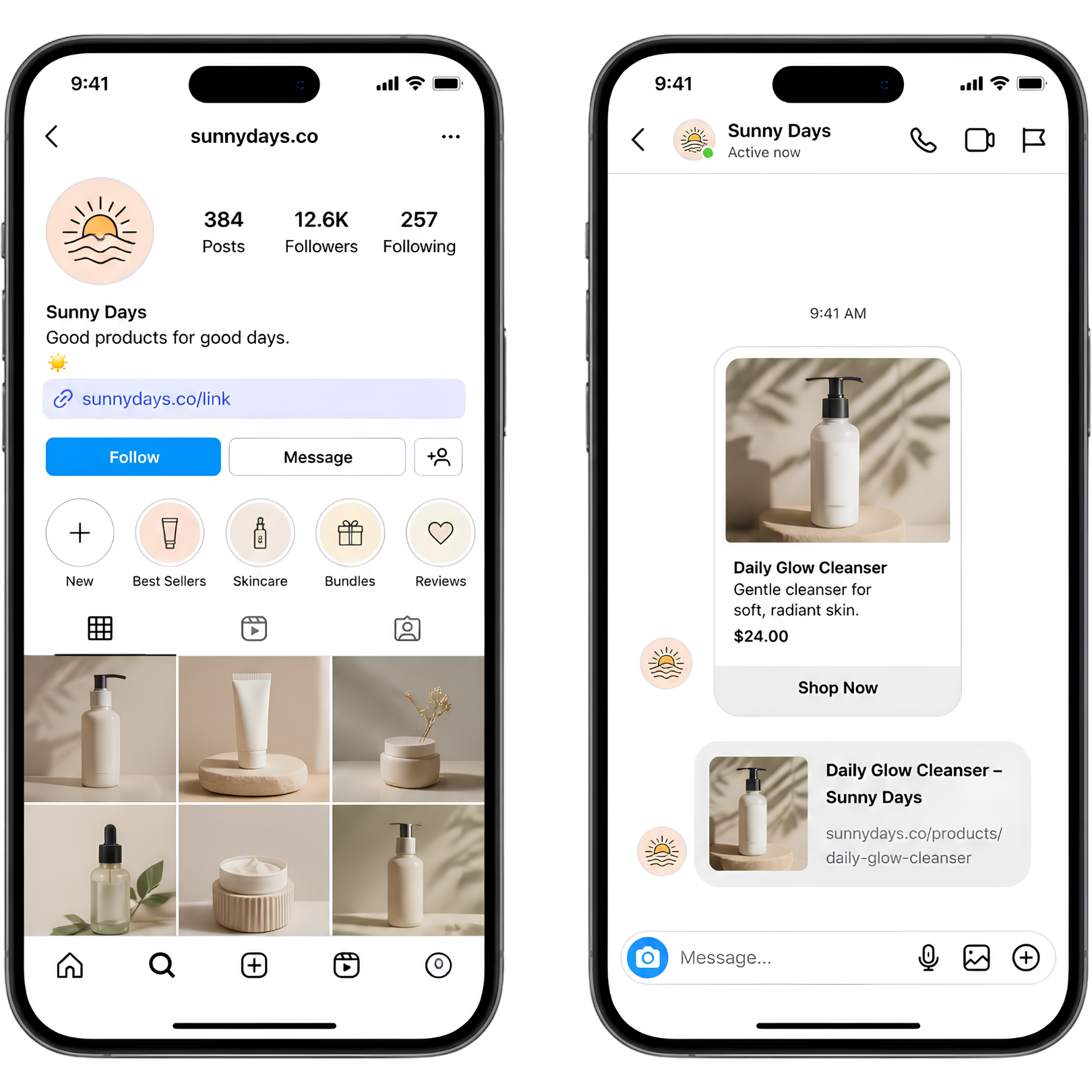 Instagram profile and direct message comparison showing a product link delivered inside a conversation