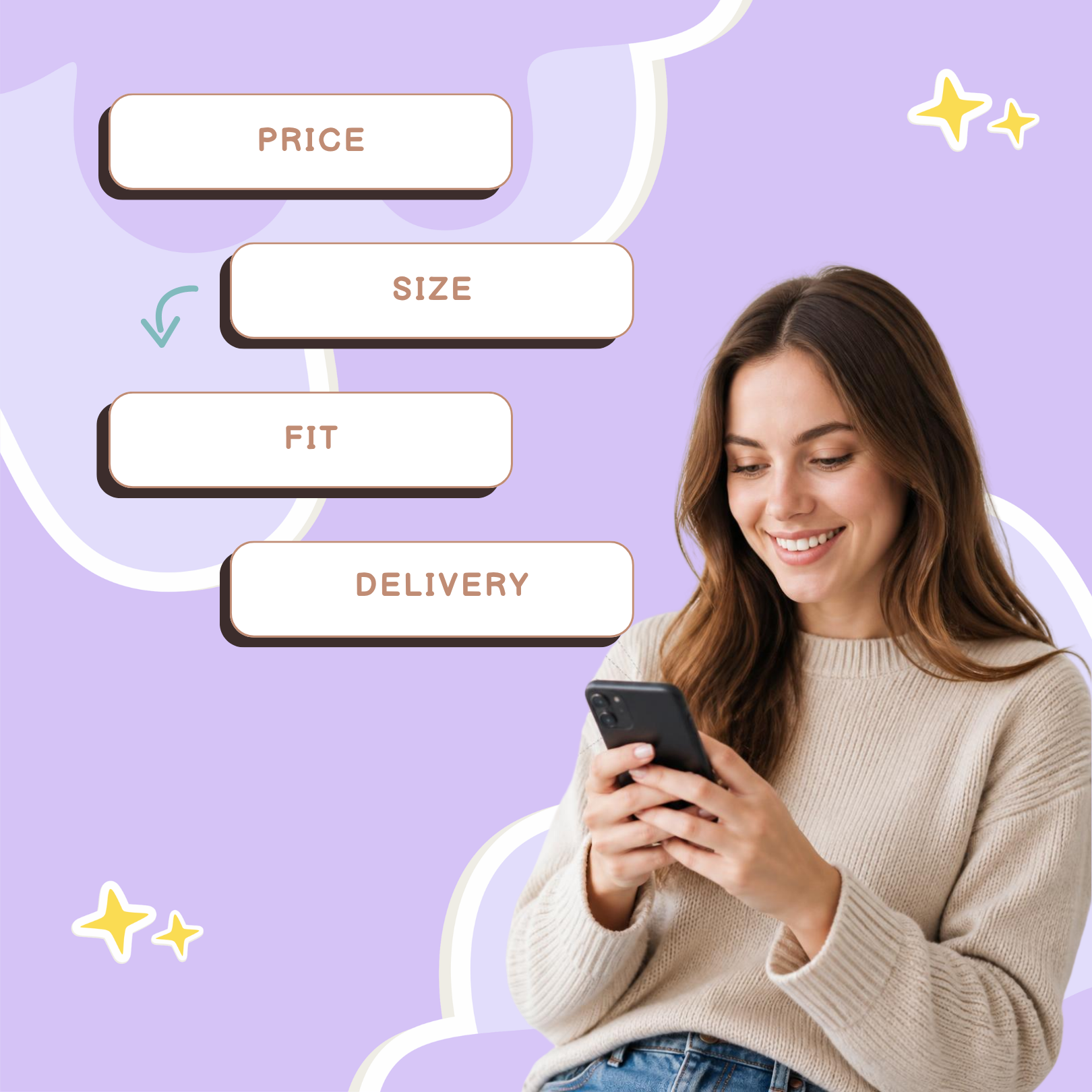 Customer journey questions about price, size, fit, and delivery