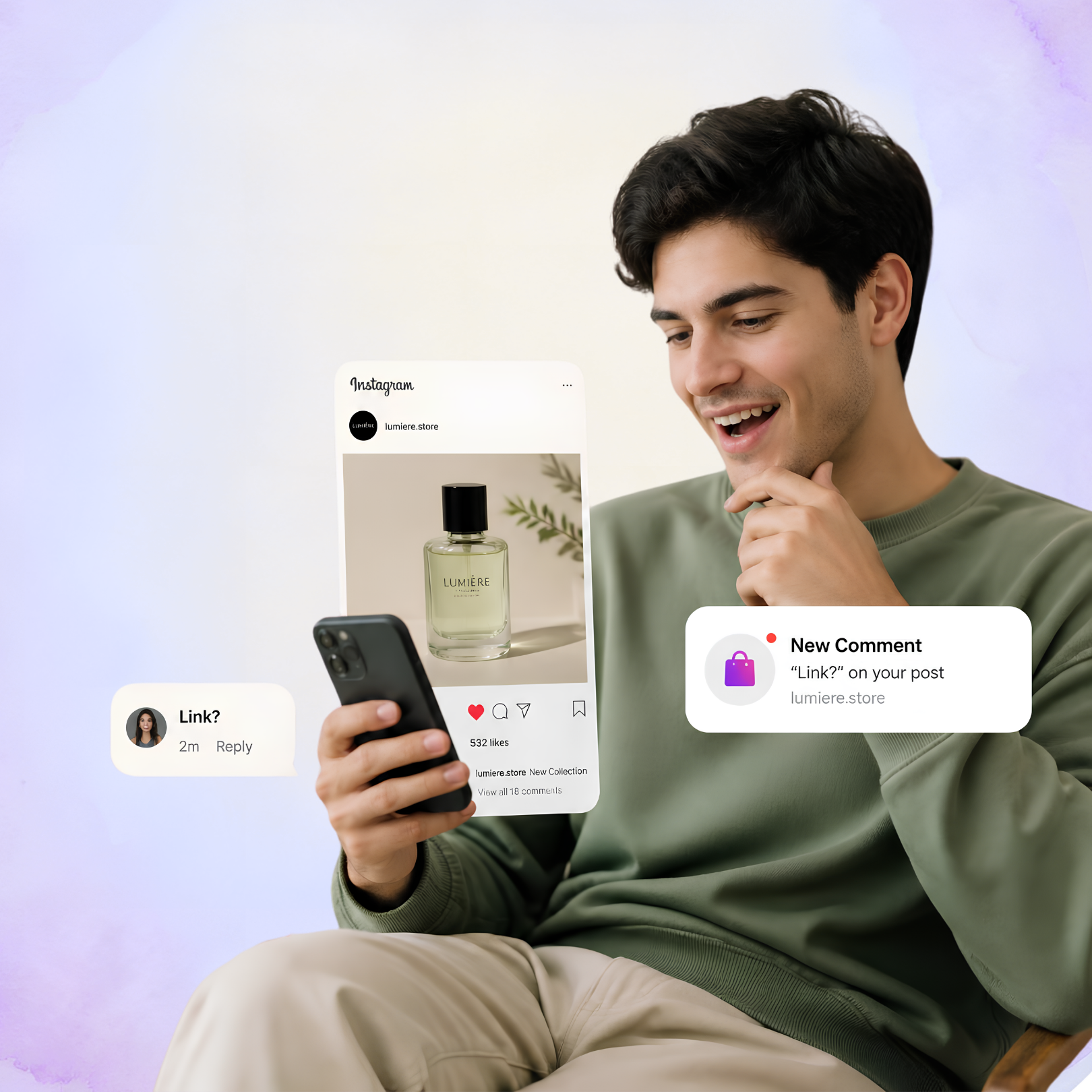 Online shopper showing purchase intent by commenting Link on an Instagram product post