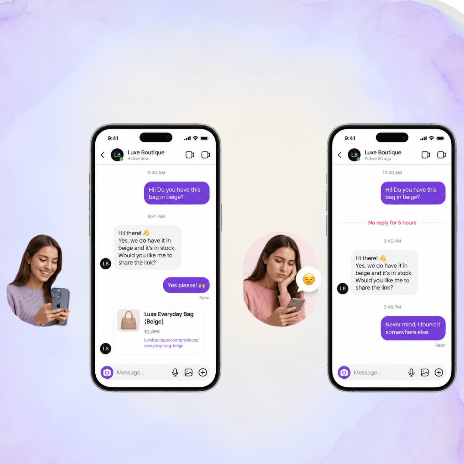 Comparison of a fast Instagram product reply and a delayed reply that loses the customer's interest