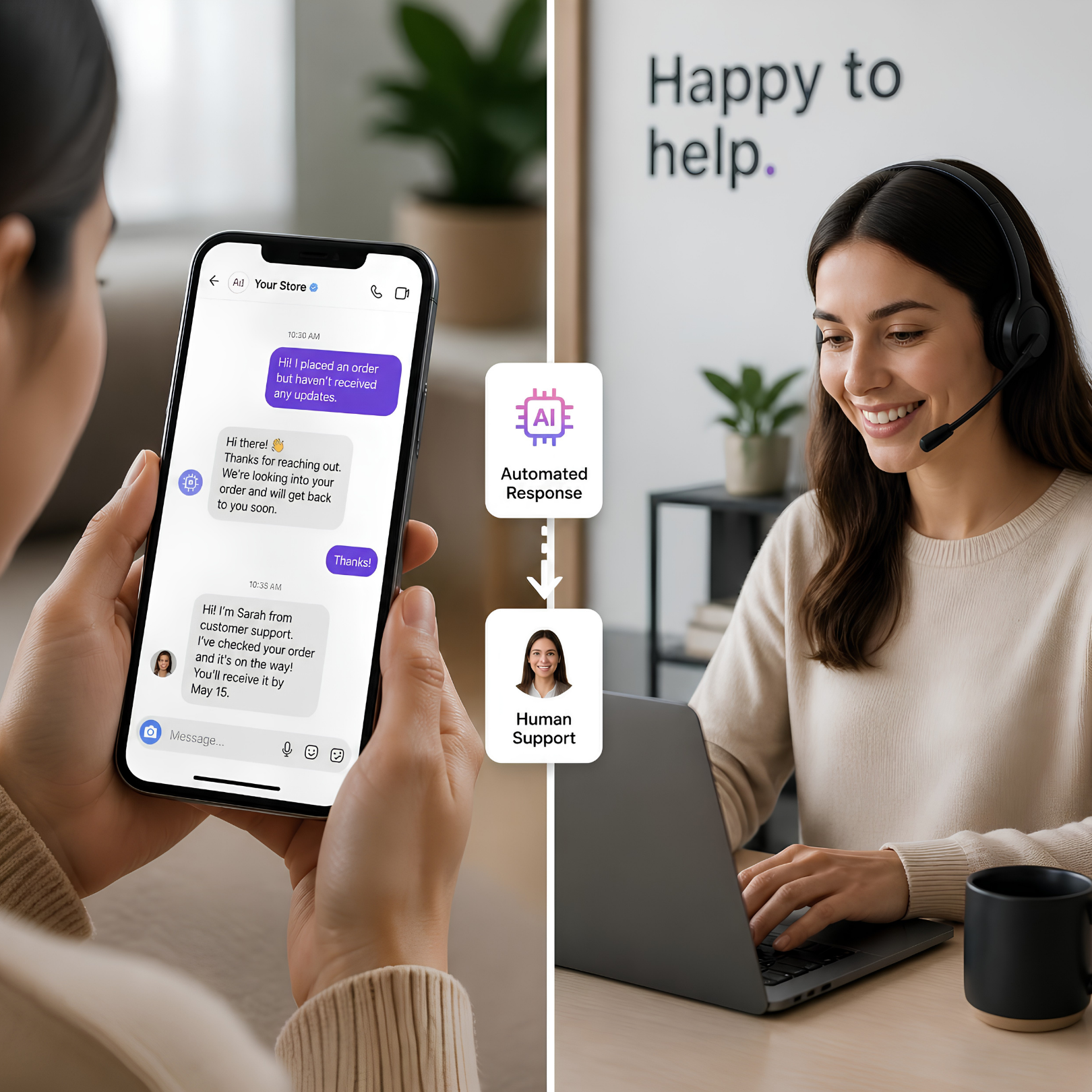 Instagram customer support workflow combining automated responses with a human support agent