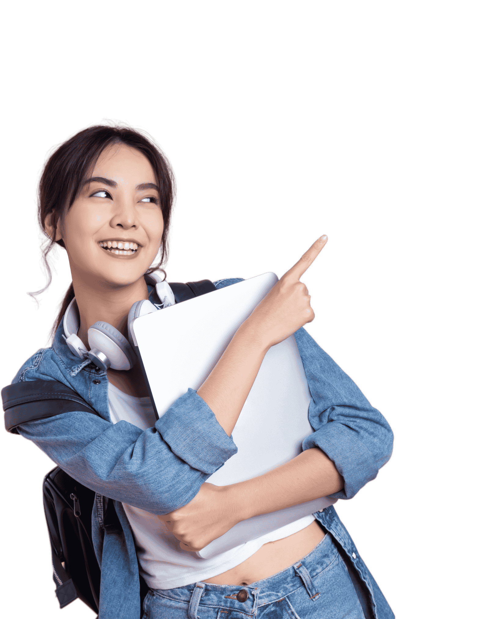 Person pointing toward featured coverage